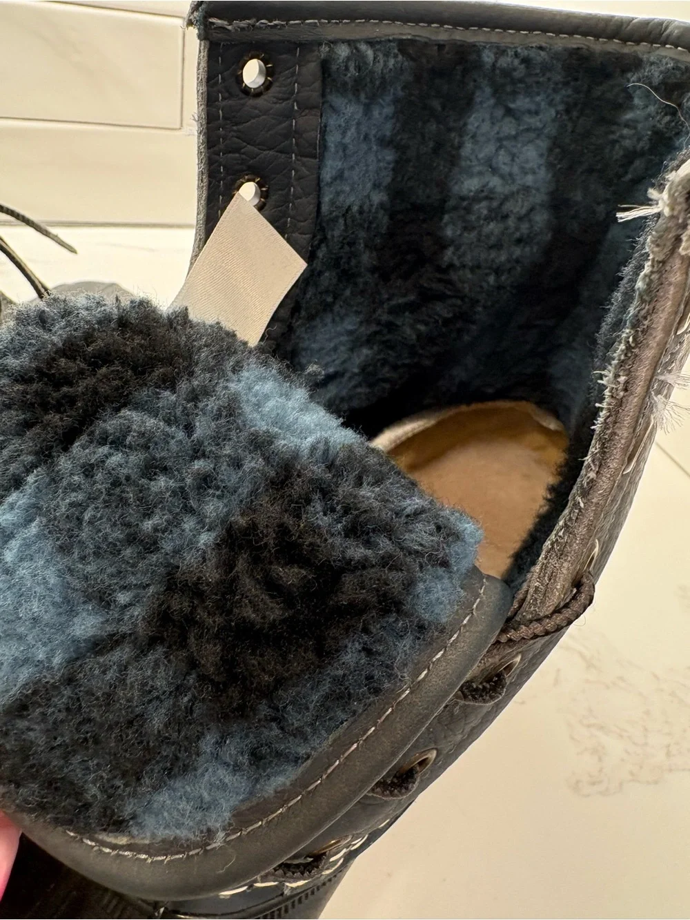 Woman’s LLBean Gray Lace-Up Boots. Like new, 8M. Blue/black plaid sherpa lining